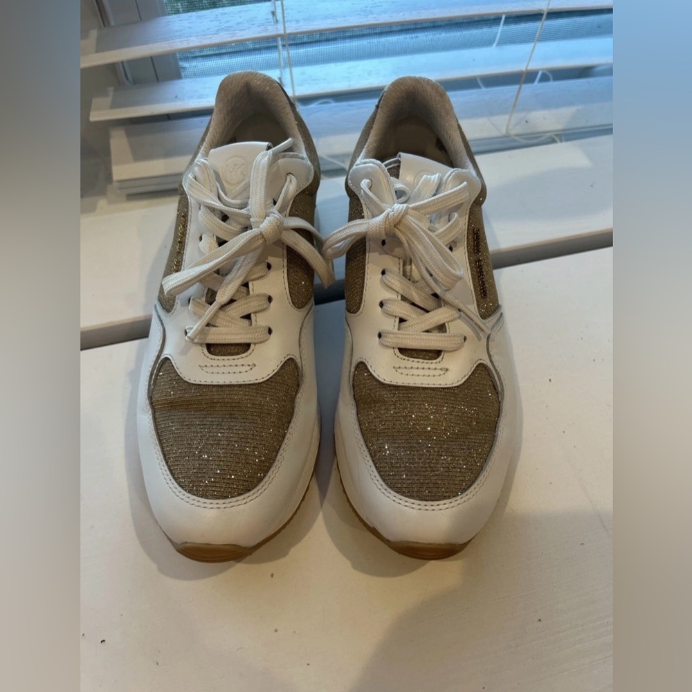 MICHAEL KORS Livvy Leather and Glitter Chain-Mesh Trainer Sneakers